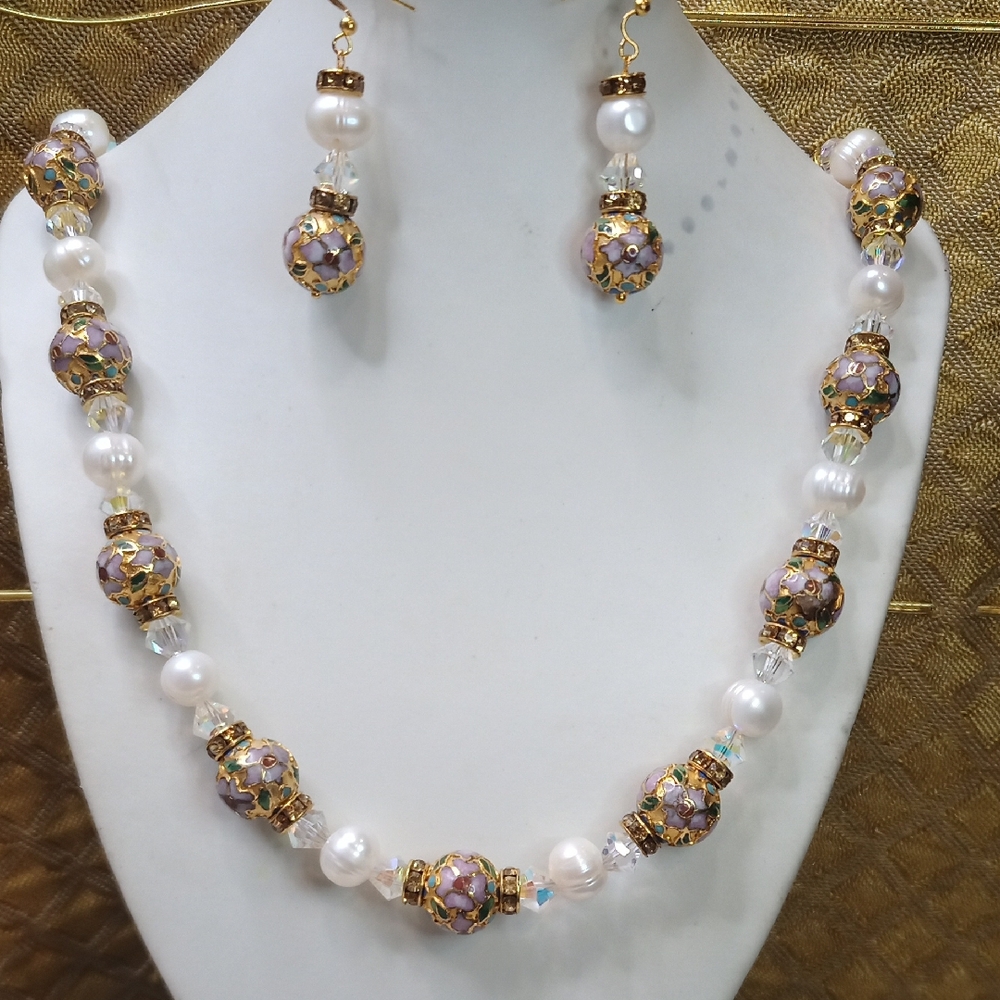 Gold champleve enamel Cloisonne and White Freshwater Pearl Jewelry Set